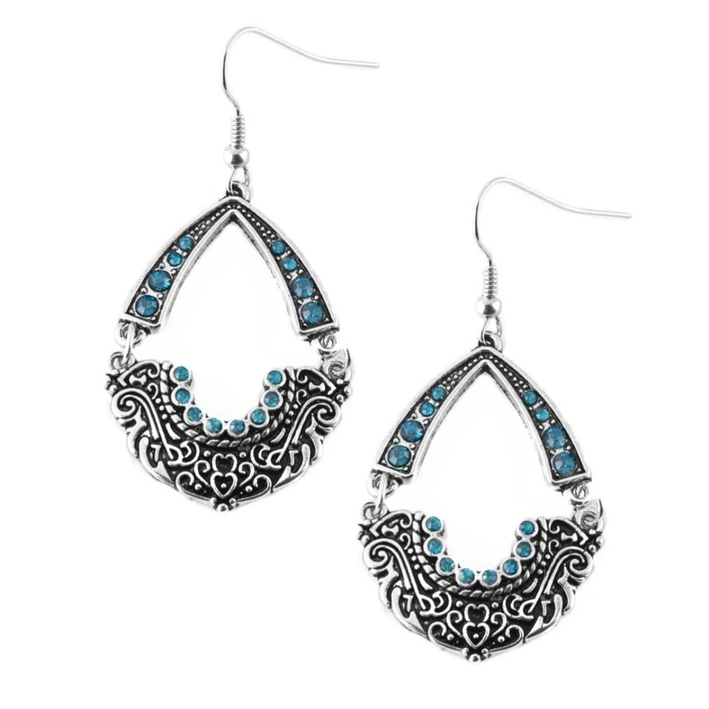 Turquoise Crystal Silver-Tone Filigree Drop Earrings